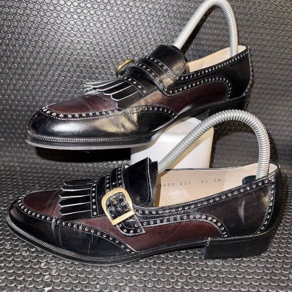 Salvatore Ferragamo Black Brown Leather Fringe Buckle Loafers Womens Size 7.5
